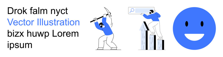 Obraz premium Business development, data analysis, positive outcomes, teamwork, achieving goals, productivity. Person using a pickaxe, another analyzing charts and a blue happy face. Business development and data
