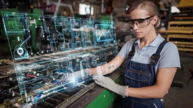 Engineer in a repair shop interacts with an AI system that visually identifies motherboard problems for efficient troubleshooting.