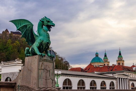 Sculpture of dragon on Dragon bridge in Ljubljana, Slovenia
