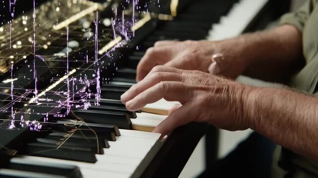 Medium shot of a composer experimenting with AIgenerated jazz melodies capturing expressive hand movements over a piano keyboard and a dynamic algorithm interface
