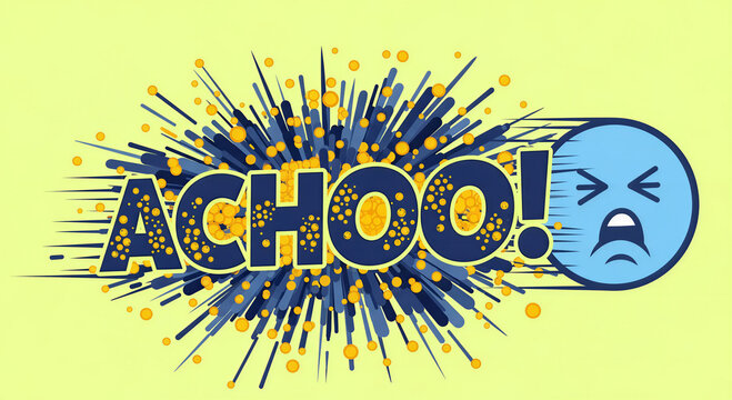 Cartoon sneeze graphic with text "ACHOO!" and sad face  