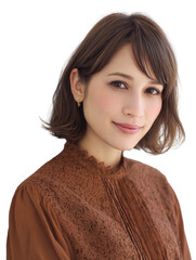 Young woman with brown hair and brown eyes wearing brown blouse, isolated on transparent background.