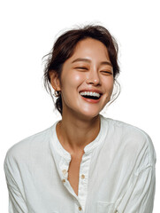 Woman laughing, smiling female model for advertising and marketing, isolated on transparent background.