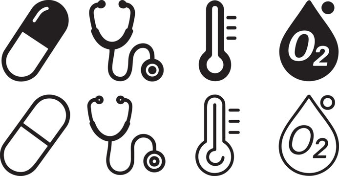 Silhouette bold outline medical vector icons temperature heartbeat capsule oxygen.