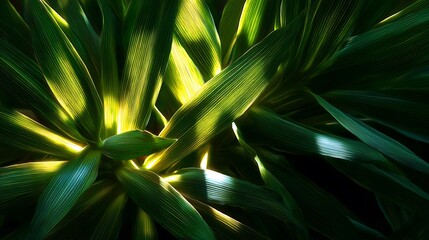 Tropical green palm leaves with bright sunlight rays shining through dense foliage in vibrant nature scene