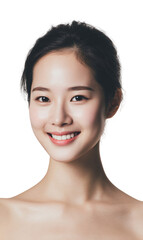 Young woman face for beauty and skincare product advertising, isolated on transparent background.