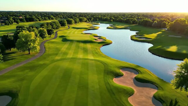 Aerial view of lush golf course with water hazard and sand bunkers at sunset