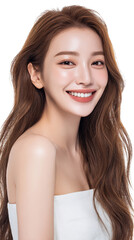 Young woman with long brown hair and glowing skin for skincare and beauty product advertising, isolated on transparent background.