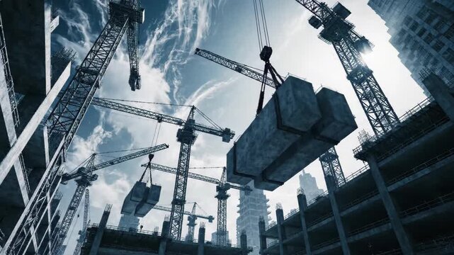 Construction site with multiple tower cranes lifting concrete blocks against a dramatic cloudy sky