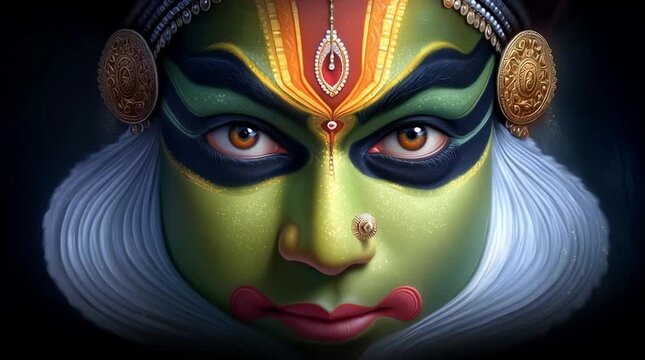 Close up portrait of kathakali dancer with green face paint and headgear