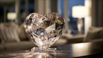 Large raw crystal heart sculpture on display in luxury modern living room with soft lighting and elegant decor