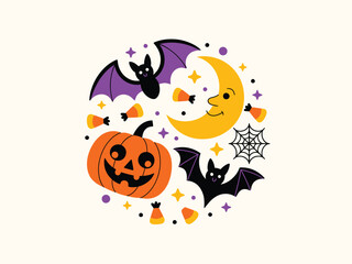 Fototapeta premium Halloween Elements in Cartoon Style with Bright Colors and Simple Texture for Party Invitation