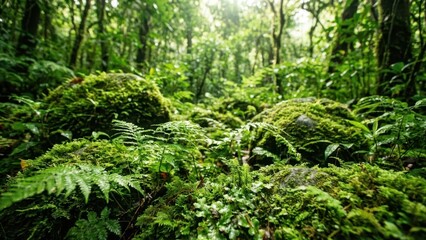 Fototapeta premium Lush green forest floor with vibrant ferns and mossy rocks, creating a serene natural landscape.
