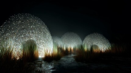 Night fountain show with glowing water jets and illuminated mist in dark urban park landscape