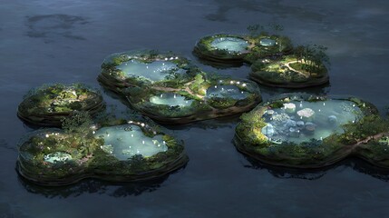 Four raw emerald gemstones with natural texture and reflective glow on dark water surface, high detail close-up