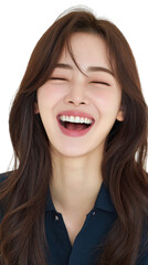 Woman laughing face expression, happy woman with long brown hair, isolated on transparent background.