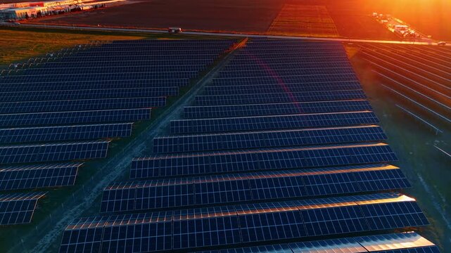 Rising high over the fields of solar panels. Photovoltaic cells accumulate the light of setting sun. Agricultural fields at backdrop.