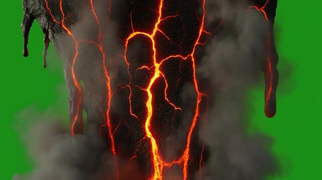 Eruption of glowing lava against a green screen for the concept of natural disaster and geothermal activity.