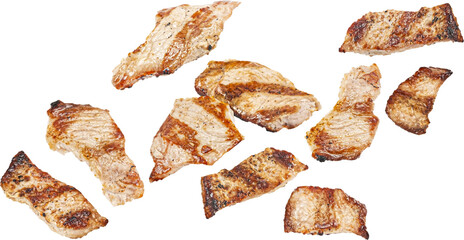 Falling grilled chicken meat pieces isolated © xamtiw