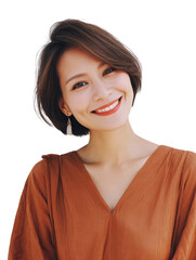 Smiling young woman wearing orange top for fashion and apparel catalog, isolated on transparent background.