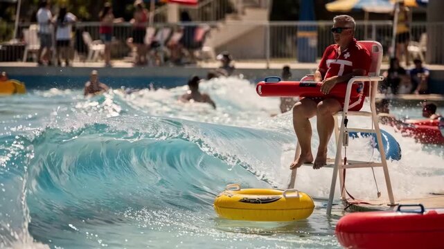 Medium shot capturing lifeguard on duty at a bustling wave pool under strong sunlight wave crests and floating tubes in crisp focus with blurred swimmers behind.