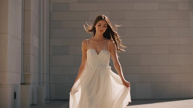 Bride walking slowly toward the camera, dress flowing gracefully. Neutral surroundings and cinematic movement create a timeless, high-end wedding portrait with elegant motion.
