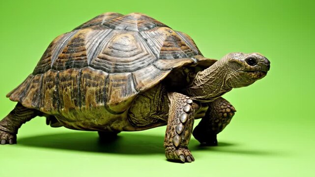Closeup of a tortoise with detailed shell texture against a bright green background