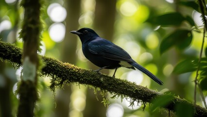Obraz premium Majestic Murai Batu bird with white rump perched on mossy branch in lush forest habitat