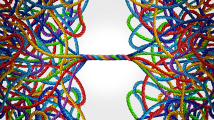 Teamwork pertnership solution as a Management Concept and teamwork Organizing concept as a business metaphor with two groups of confused diverse ropes through good management and getting organized res
