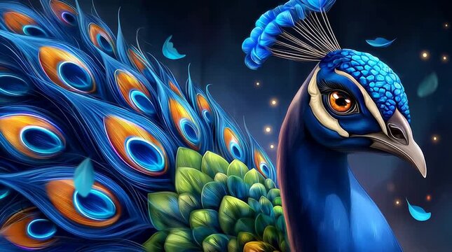 Close up of blue peacock bird with artistic feather pattern