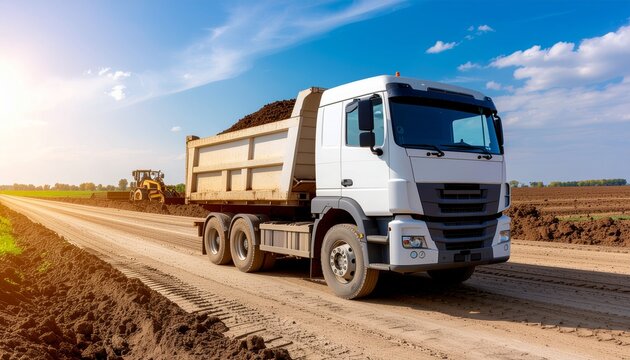 White dump truck transporting dark soil on rural road, agriculture, farming, and earthwork concept.