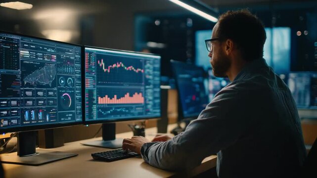 Medium shot of an analyst examining predictive software that forecasts judicial outcomes using past case data in a hightech law firm environment.