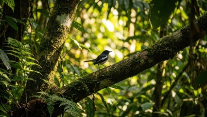 Majestic Oriental Magpie Robin Perched on a Mossy Branch in a Sunlit Forest