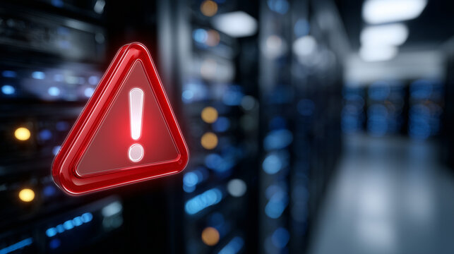 Server alert with glowing red exclamation mark symbol, floating bright red alert graphic in front of rows of servers, emergency notification emphasizing technical problem and data