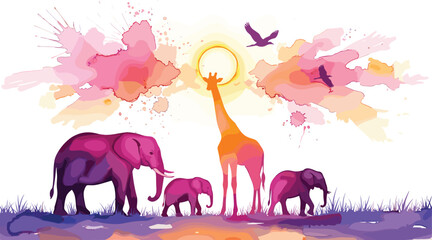 Colorful safari wildlife illustration, giraffe and elephant family watercolor vector landscape with sunset sky for nature art, design, printing © Jisan World