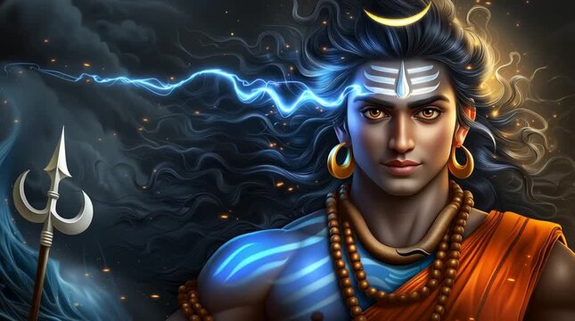 Lord shiva holding trident with electric blue lightning in background