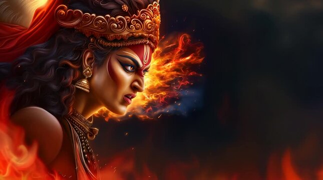 Profile of fierce goddess kali breathing fire stream from mouth