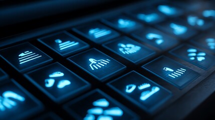 Futuristic glowing keyboard keys with digital icons technology background blue neon light high tech interface close up