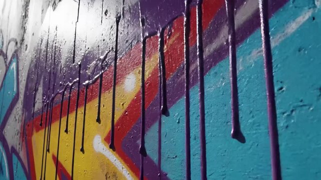 Closeup of colorful graffiti art with dripping purple paint on a textured wall surface