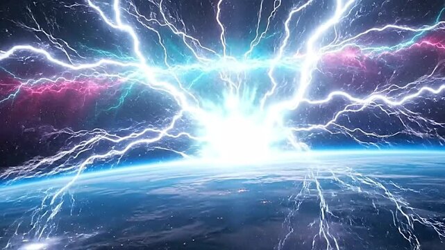 Massive cosmic lightning strikes the planet Earth's surface.