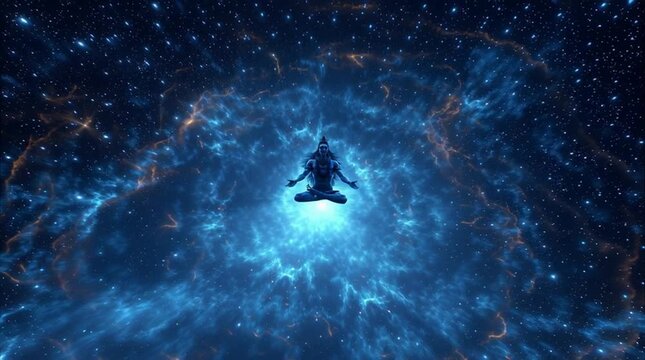 Silhouette of meditating shiva floating in deep blue cosmic nebula