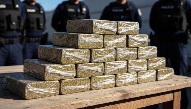 Stacked blocks of contraband wrapped in plastic on a wooden surface, with officers blurred in the background.
