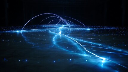 Futuristic digital network wave with glowing blue light trails and particles in dark space for technology innovation
