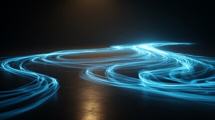 Futuristic blue light trails swirling in dark motion blur abstract technology background concept