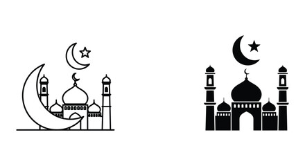 Islamic Mosque Silhouette with Crescent Moon and Star Symbol