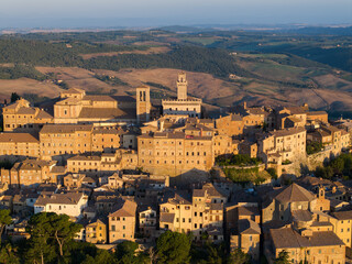 Obraz premium Aerial view of Montepulciano hill town at sunrise, Tuscany, Italy