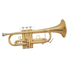 Naklejka premium Gold Trumpet Stands Alone in Studio Space With Soft Light Shining on It for Musical Display