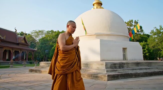 Buddhist monk in prayer walks around a white stupa at sunrise