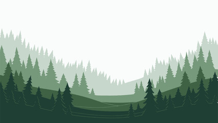 Flat Vector Illustration of Misty Pine Forest Landscape © masss