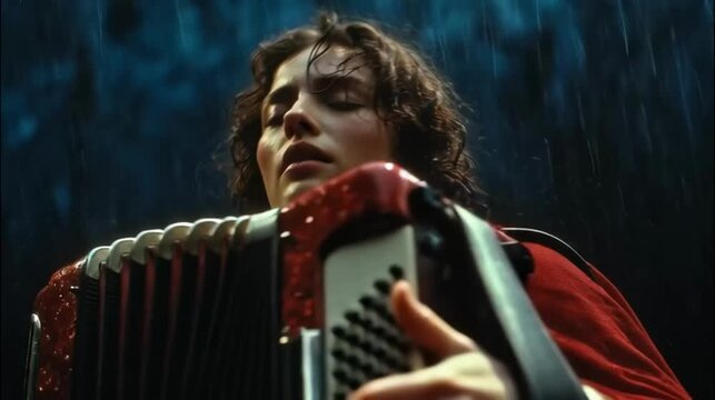 Young woman playing a red accordion passionately in the rain with closed eyes for emotional music performance concept and cinematic drama